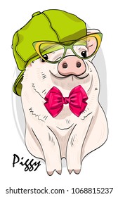 Vector pig with glasses, green cap and pink bow. Hand drawn illustration of dressed piggy. 