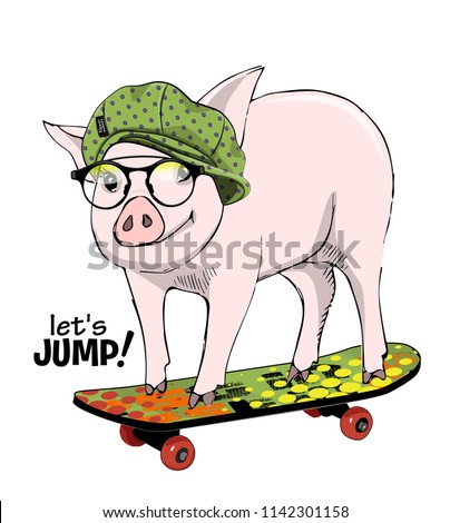 Vector pig with glasses, green cap and skateboard. Hand drawn illustration of dressed pig. 3