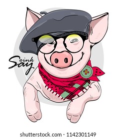 Vector pig with glasses, grey hat and red scarf. Hand drawn illustration of dressed piggy.