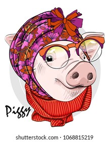 Vector pig with glasses, hat and scarf. Pig with turban. Hand drawn illustration of dressed piggy. 