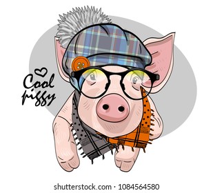 Vector pig with glasses, hat and scarf. Hand drawn illustration of dressed piggy. 
