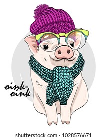 Vector pig with glasses, knitted hat and scarf. Hand drawn illustration of dressed piggy.