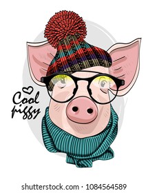 Vector pig with glasses, knitted hat and green scarf. Hand drawn illustration of dressed piggy. 
