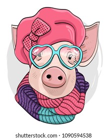 Vector pig with glasses, pink hat and  knitted scarf. Hand drawn illustration of dressed piggy.