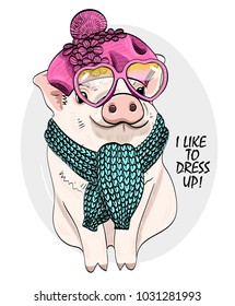 Vector pig with glasses, pink knitted beret and green scarf. Hand drawn illustration of dressed piggy.
