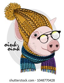 Vector pig with glasses, yellow knitted hat and scarf. Hand drawn illustration of dressed piggy. 