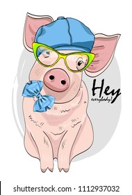 Vector pig with glasses,blue cap and bow. Hand drawn illustration of dressed piggy.
