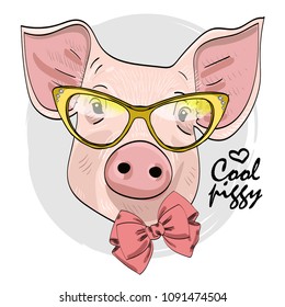Vector pig with gold glasses and pink bow. Hand drawn illustration of dressed piggy.