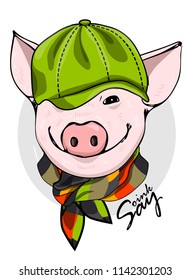 Vector pig with green cap and checkered scarf. Hand drawn illustration of dressed piggy.