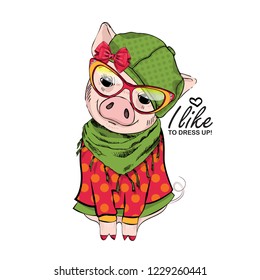 Vector pig with green hat, bow, red dress, scarf and glasses. Hand drawn illustration of dressed piggy. Fashion pig-girl.