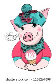 Vector pig with green hat and  ice cream. Hand drawn illustration of dressed piggy. 