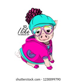 Vector pig with green hat, necklace, pink dress and glasses. Hand drawn illustration of dressed piggy. Fashion pig-girl.