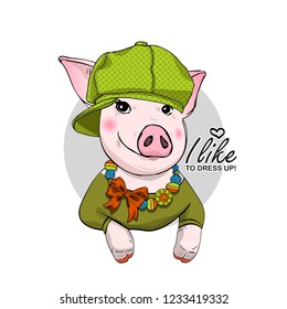 Vector pig with green hat, necklace, bow and green dress. Hand drawn illustration of dressed piggy. Fashion pig-girl.