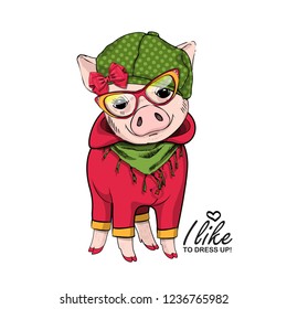Vector pig with green hat, red overalls, bow, scarf and glasses. Hand drawn illustration of dressed piggy. Fashion pig-girl.