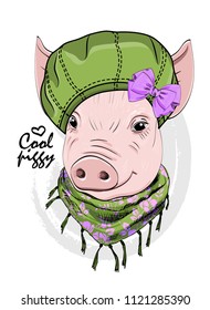 Vector pig with green hat and scarf. Hand drawn illustration of dressed piggy.