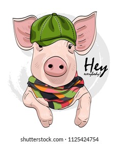 Vector pig with green hat and scarf. Hand drawn illustration of dressed piggy.