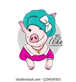 Vector pig with green hat, white bow, pink dress and necklace. Hand drawn illustration of dressed piggy. Fashion pig-girl.