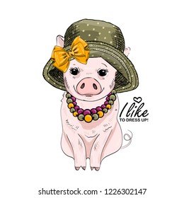 Vector pig with green hat, yellow bow and necklace. Hand drawn illustration of dressed piggy. Fashion pig-girl.