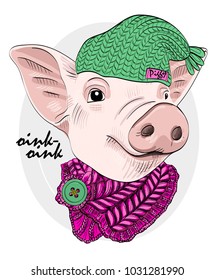 Vector pig with green knitted hat and  scarf. Hand drawn illustration of dressed piggy.
