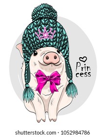 Vector pig with green knitted hat, crown and bow. Hand drawn illustration of pig.