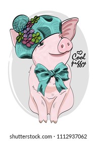 Vector pig with green knitted hat and bow. Hand drawn illustration of dressed piggy.