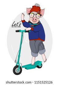 Vector pig with a green scooter. Hand drawn illustration of dressed piggy with glasses and red hat.