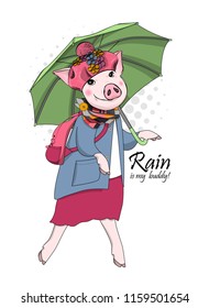 Vector pig with green umbrella, pink hat, backpack and  scarf. Hand drawn illustration of dressed piggy.