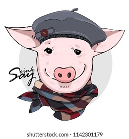 Vector pig with grey beret and scarf. Hand drawn illustration of dressed piggy.