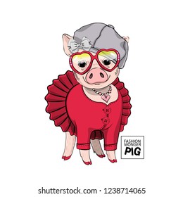 Vector pig with grey hat, red dress, bow, necklace and glasses. Hand drawn illustration of dressed piggy. Fashion pig-girl.