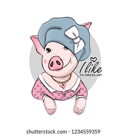 Vector pig with grey hat, white bow, pink dress and necklace. Hand drawn illustration of dressed piggy. Fashion pig-girl.