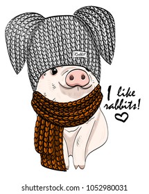 Vector pig with grey knitted hat with rabbit ears and scarf. Hand drawn illustration of dressed pig.