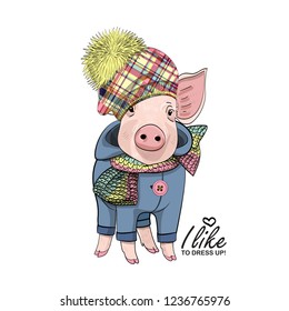 Vector pig with hat, blue overalls and knitted scarf. Hand drawn illustration of dressed piggy. Fashion pig-girl.