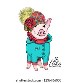 Vector pig with hat, blue overalls, red flower and red scarf. Hand drawn illustration of dressed piggy. Fashion pig-girl.