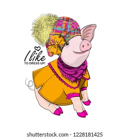 Vector pig with hat, bow, yellow dress and scarf. Hand drawn illustration of dressed piggy. Fashion pig-girl.