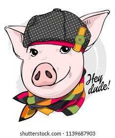 Vector pig with hat and checkered scarf. Hand drawn illustration of dressed piggy.