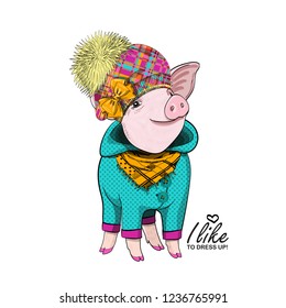 Vector pig with hat, green overalls, yellow bow, and yellow scarf. Hand drawn illustration of dressed piggy. Fashion pig-girl.