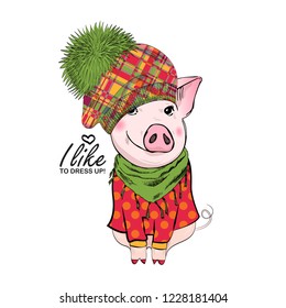 Vector pig with hat, green scarf and red dress. Hand drawn illustration of dressed piggy. Fashion pig-girl.