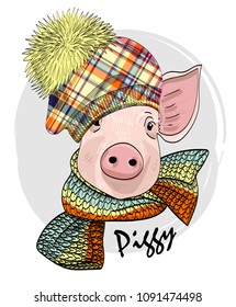 Vector pig with hat and knitted scarf. Hand drawn illustration of dressed piggy.