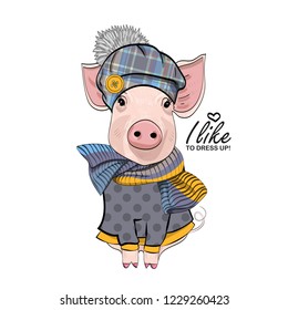 Vector pig with hat and knitted scarf. Hand drawn illustration of dressed piggy. Fashion pig-girl.
