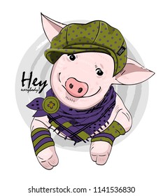 Vector pig with hat and  scarf. Hand drawn illustration of dressed piggy. 11