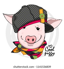 Vector pig with hat and  scarf. Hand drawn illustration of dressed piggy. 8