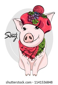 Vector pig with hat and  scarf. Hand drawn illustration of dressed piggy. 1
