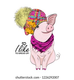 Vector pig with hat, yellow bow and scarf. Hand drawn illustration of dressed piggy. Fashion pig-girl.