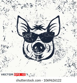 Vector pig head, hipster face  on grunge background