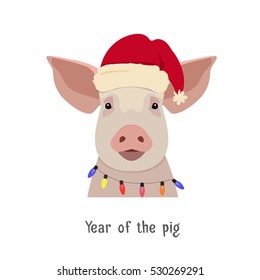 Vector Vector pig head in winter new year clothing: hat and christmas lights. Isolated Design object in flat, cartoon style. Chinese new year symbol. Poster, banner, print, advertisement element.