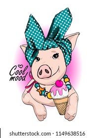 Vector pig with headband, beads and  ice cream. Hand drawn illustration of dressed piggy. 