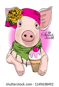 Vector pig with headband, flower and  ice cream. Hand drawn illustration of dressed piggy. 
