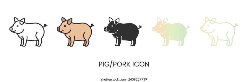 Vector pig icon, pork meat icon in solid, gradient and line styles. Trendy colors. Isolated on a white background. Editable stroke