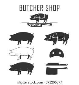 vector pig icon set, pig silhouette, isolated pig,pork sign, farm logo templates, butcher shop label,cuts of pork, butcher cuts scheme and design elements