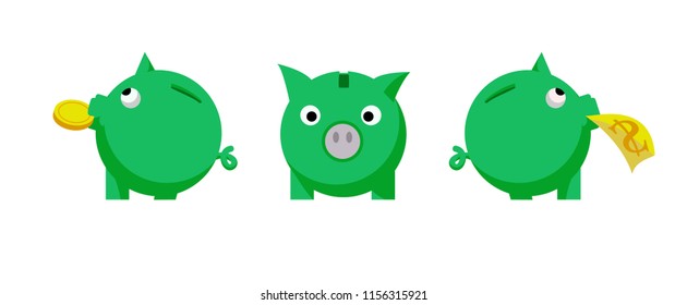 Vector pig icon that brought money. Accumulation of bank funds.  Piggy bank flat icon. piggy bank with a coin